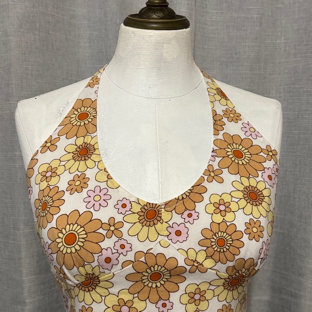 Retro Vibes Hollister Halter Style Sundress-Sz M-Tan/Yellow/Pink/White-Lined-EUC - Picture 2 of 14